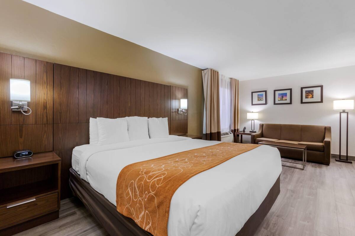 A hotel room with a large bed, a wooden headboard, a bedside table with a lamp, a sofa, and a wall-mounted TV.