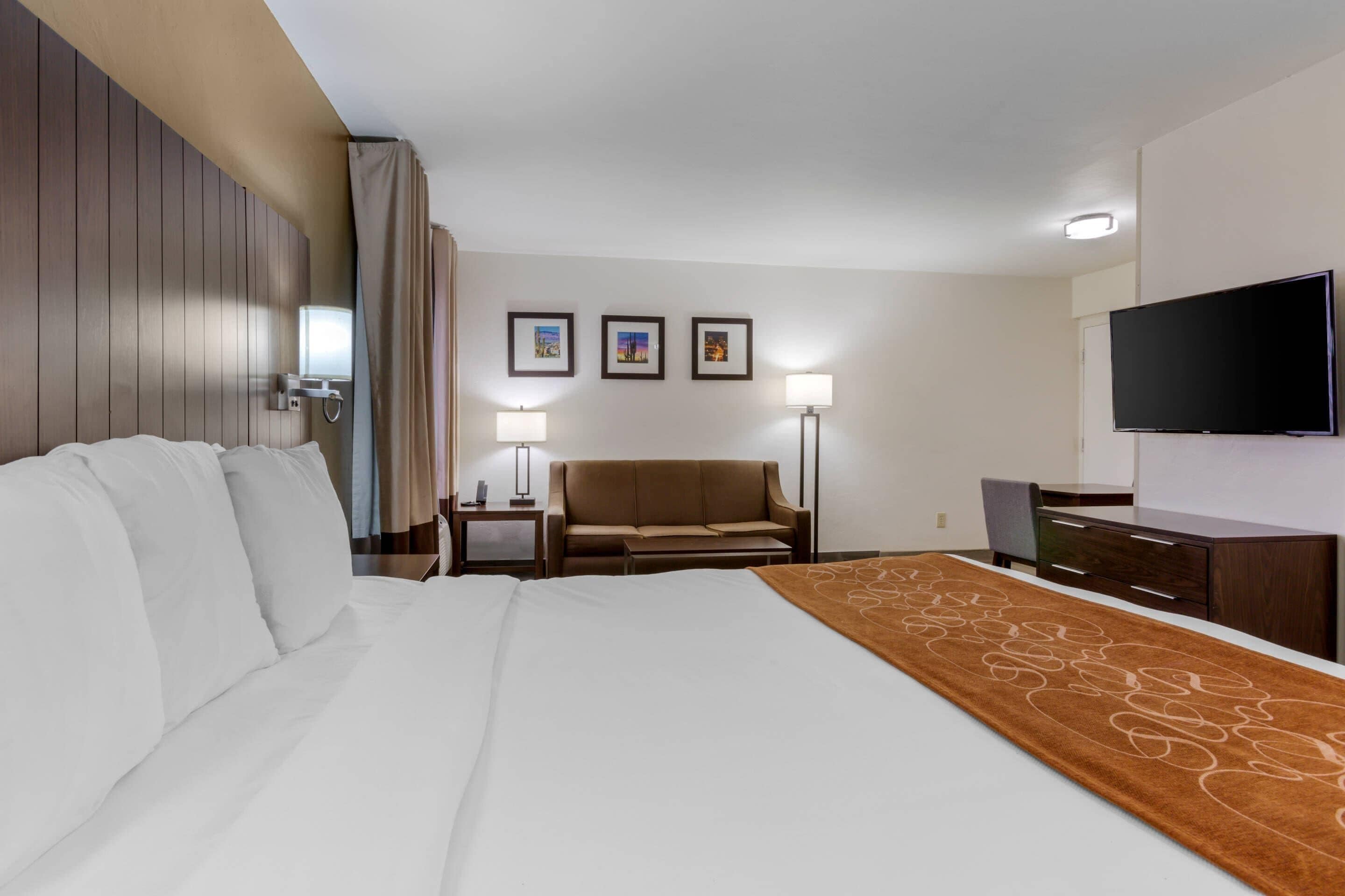 hypo-allergenic bedding, desk, blackout curtains, iron/ironing board