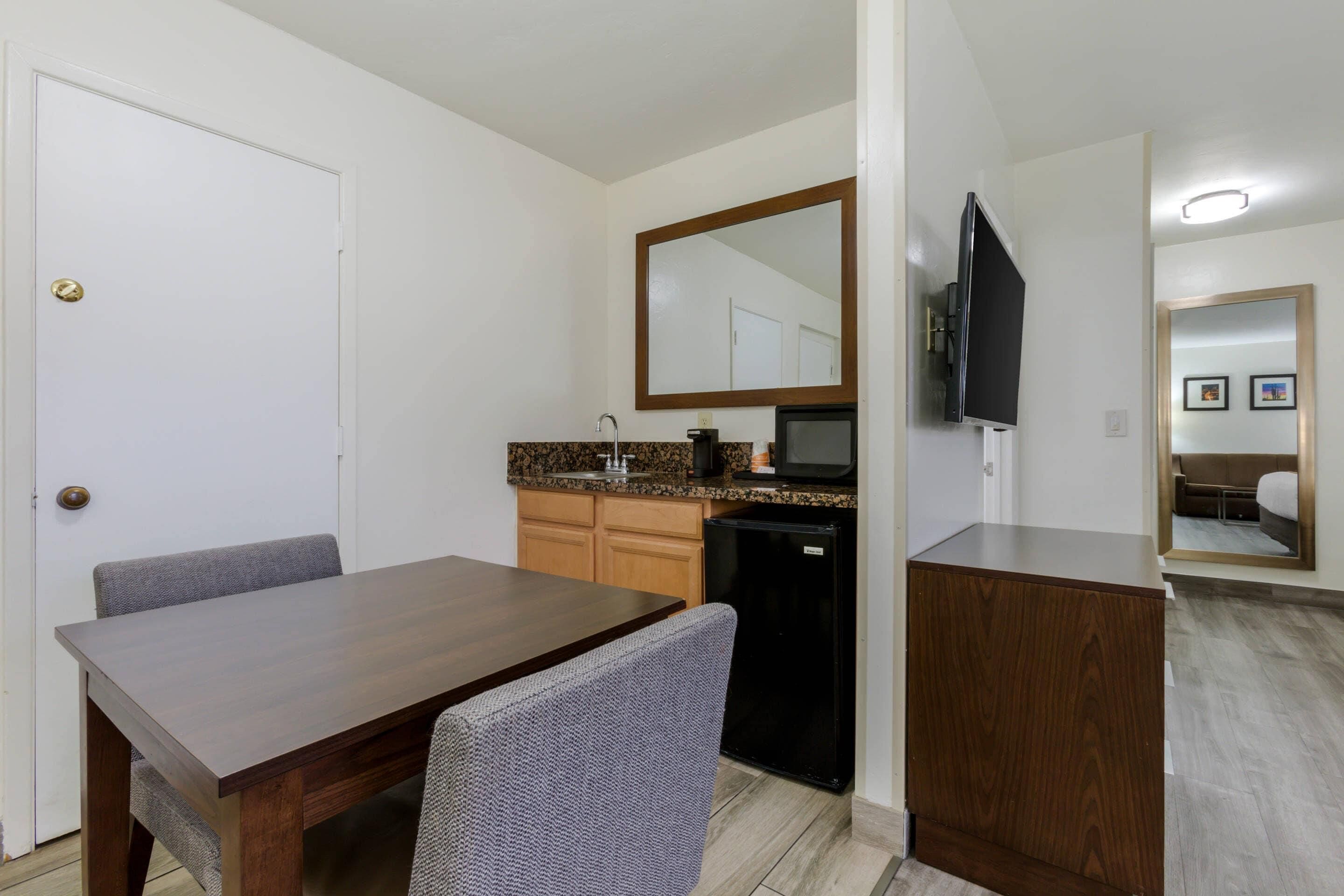 hypo-allergenic bedding, desk, blackout curtains, iron/ironing board