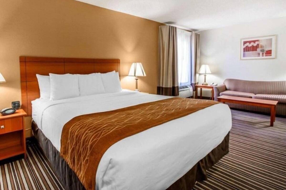 A hotel room with a large bed, bedside tables, a sofa, and a lamp.