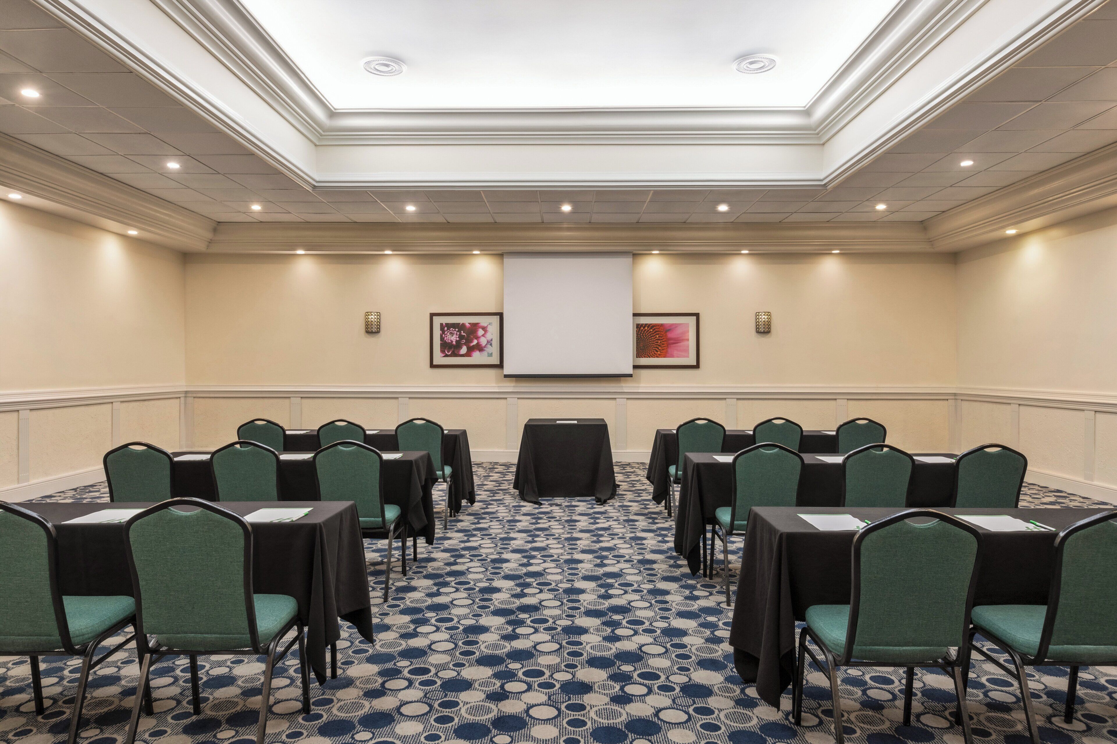 Un salón de conferencias con techo alto, iluminación empotrada, una pantalla de proyector y una alfombra estampada.