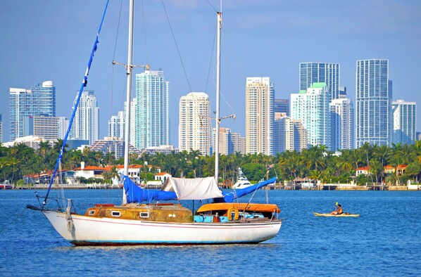 A sailboat on a body of water with a city skyline in the background. - Holiday Inn Miami Beach - Oceanfront by IHG (Miami Beach)