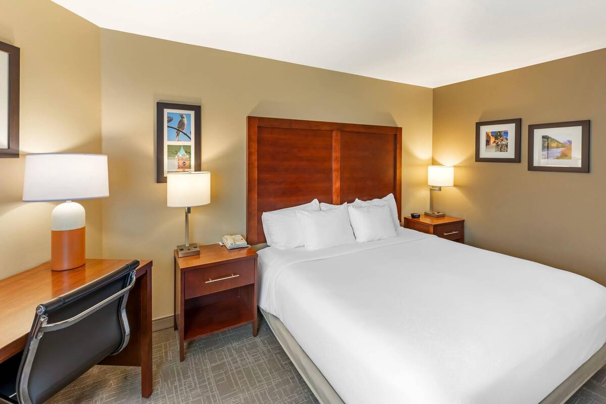 A hotel room with a bed, desk, chair, nightstands, lamps, and framed pictures on the walls.