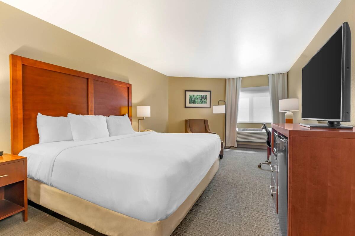 A hotel room with a large bed, a desk with a flat-screen TV, a chair, and a desk lamp.