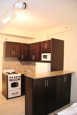 Room, 2 Double Beds, Kitchen, City View | Private kitchen | Fridge, microwave, stovetop, coffee/tea maker
