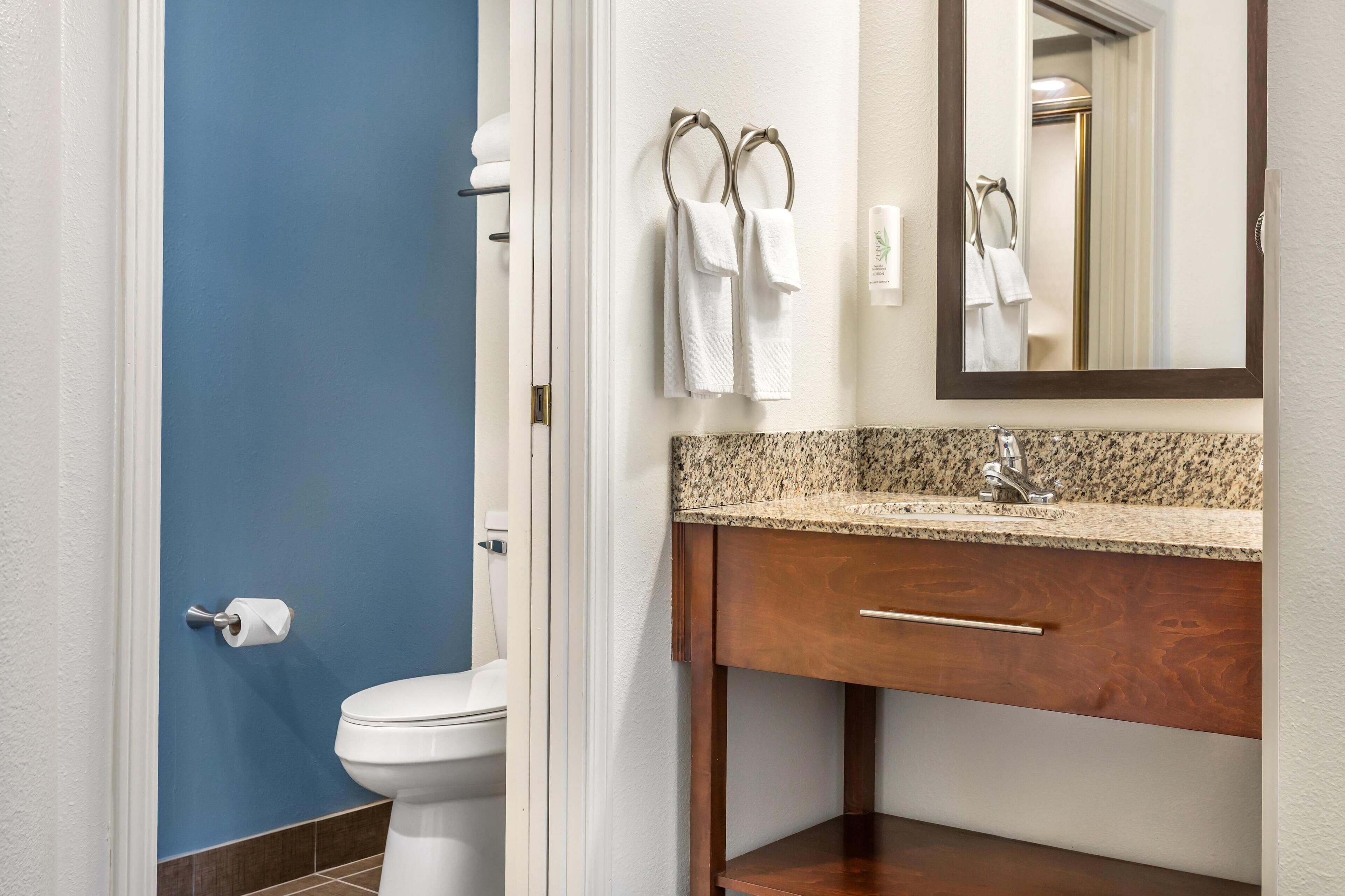 A bathroom with a toilet, a sink with a granite countertop, and a wooden vanity.
