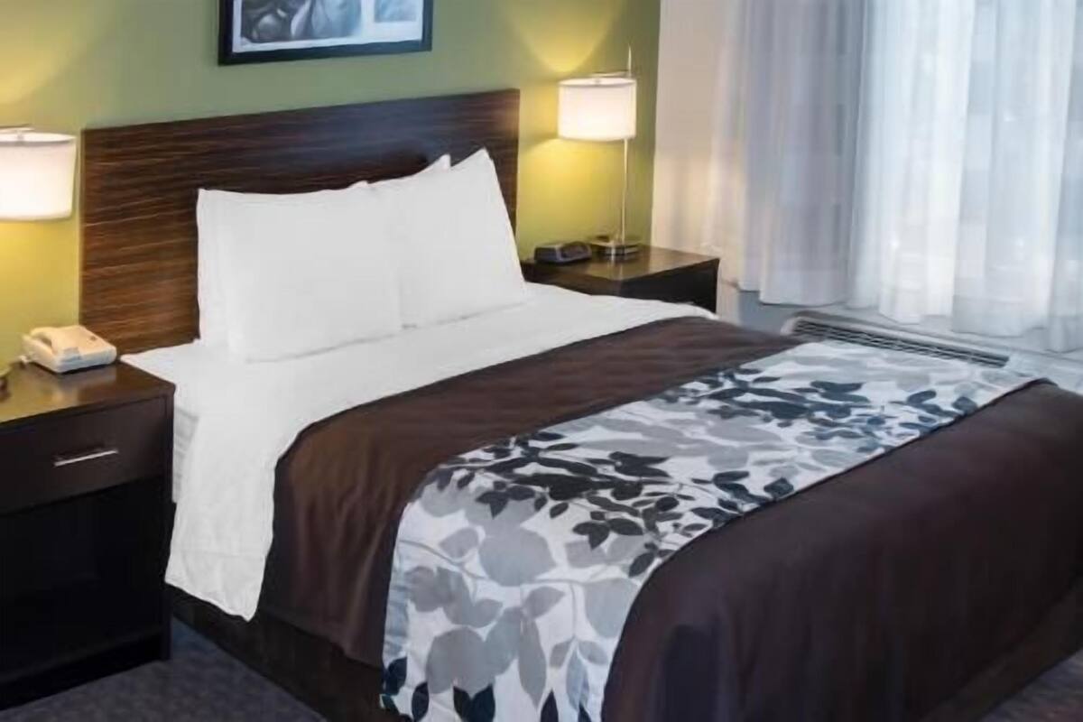 A hotel room with a bed, a nightstand, a lamp, and a window with curtains.