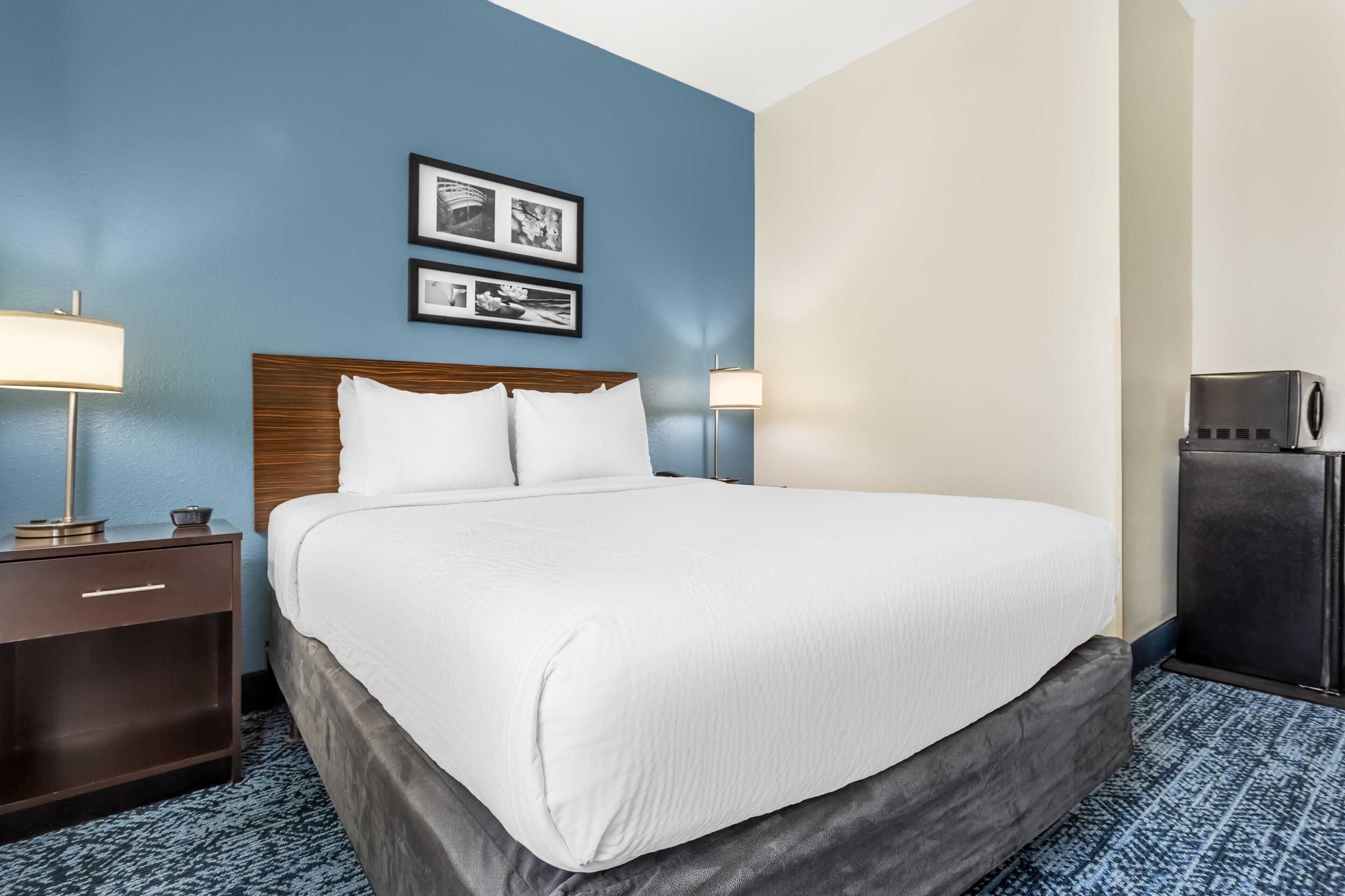 A hotel room with a large bed, two bedside tables, a nightstand, a wall-mounted TV, and framed pictures on the wall.