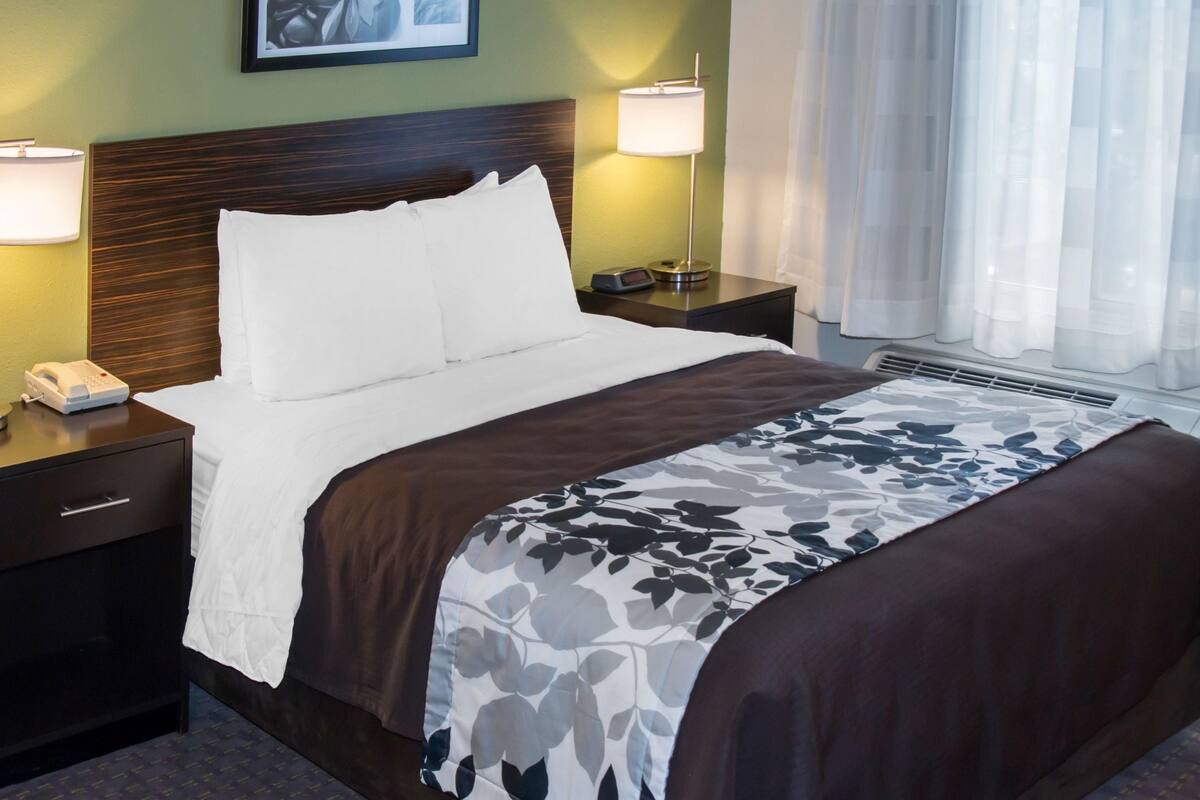 A hotel room with a bed, nightstand, lamp, and a phone.
