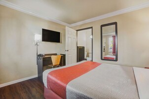 Habitación de hotel con cama, escritorio, silla, televisor y espejo.