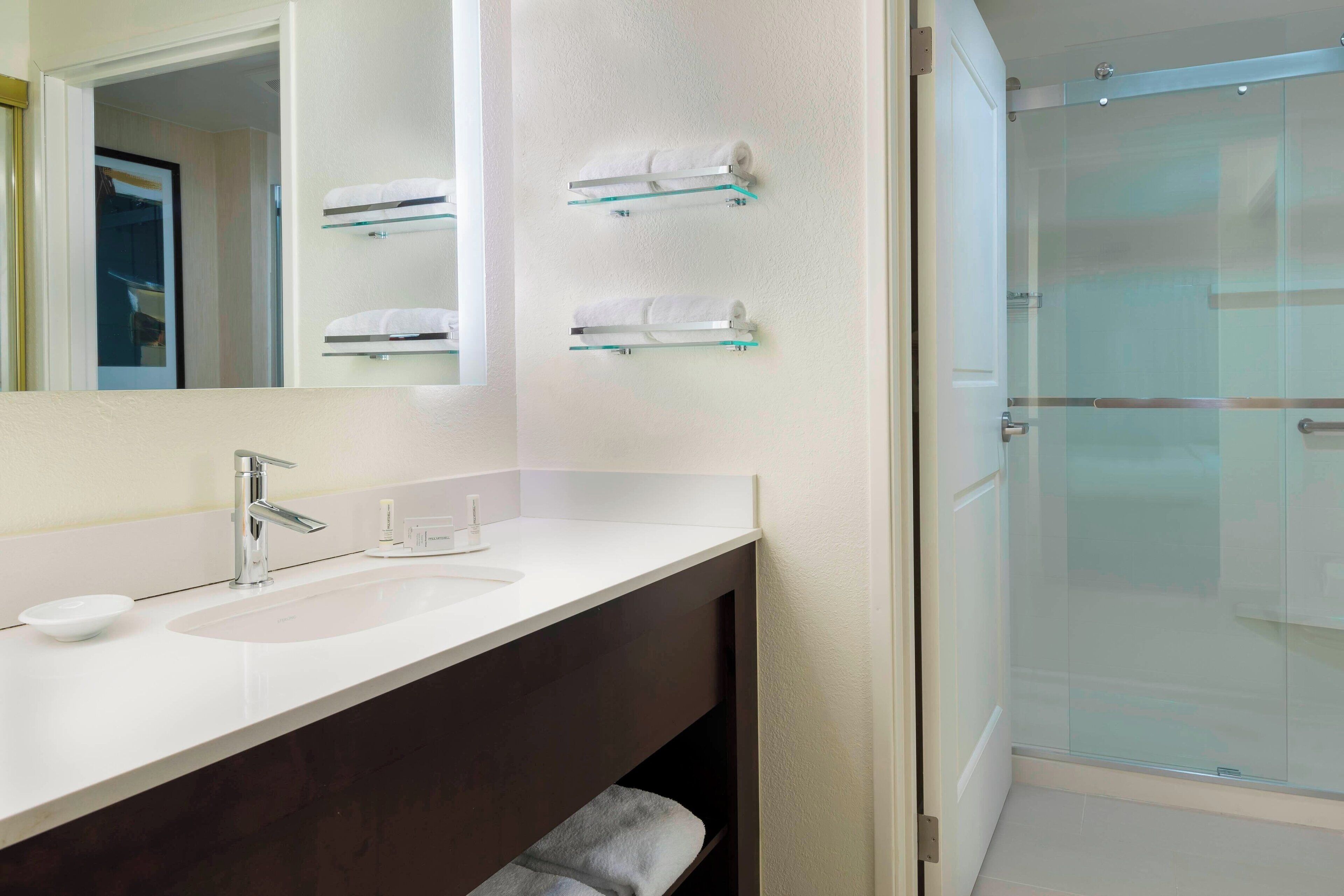 combined shower/bathtub, free toiletries, hair dryer, towels