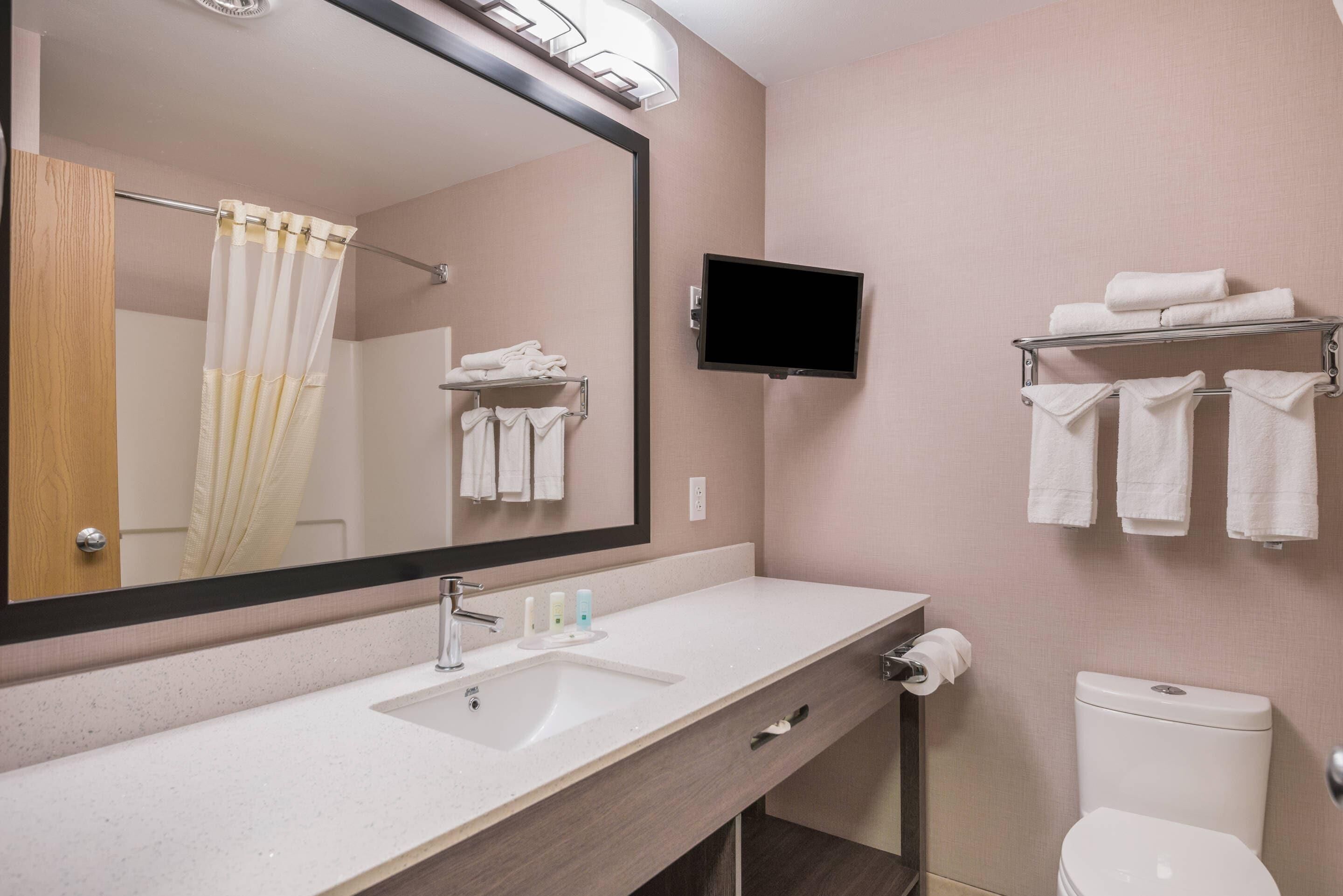 A modern bathroom with a large mirror, a sink, a toilet, and a TV mounted on the wall.