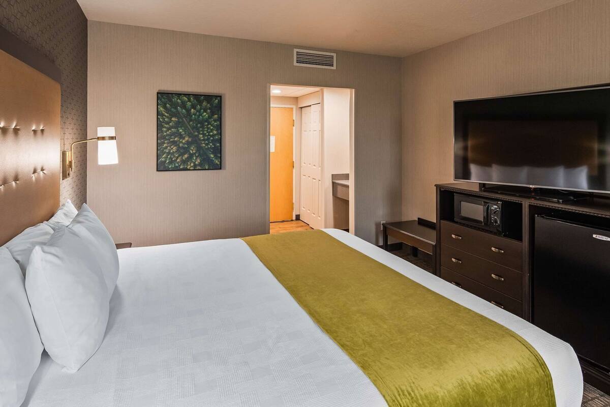 Een hotelkamer met een bed, een televisie, een magnetron en een deur naar een gang.