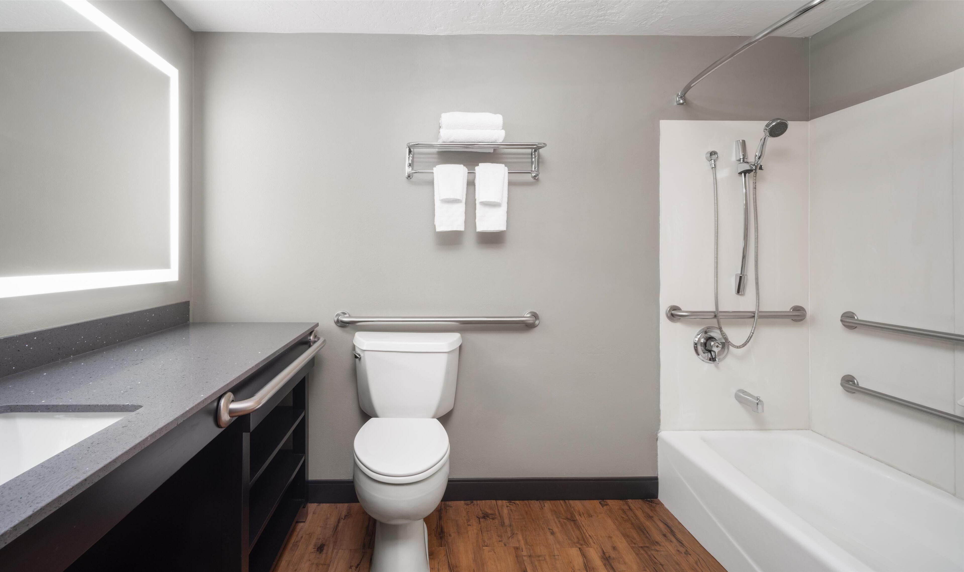 Combined shower/tub, free toiletries, hair dryer, towels