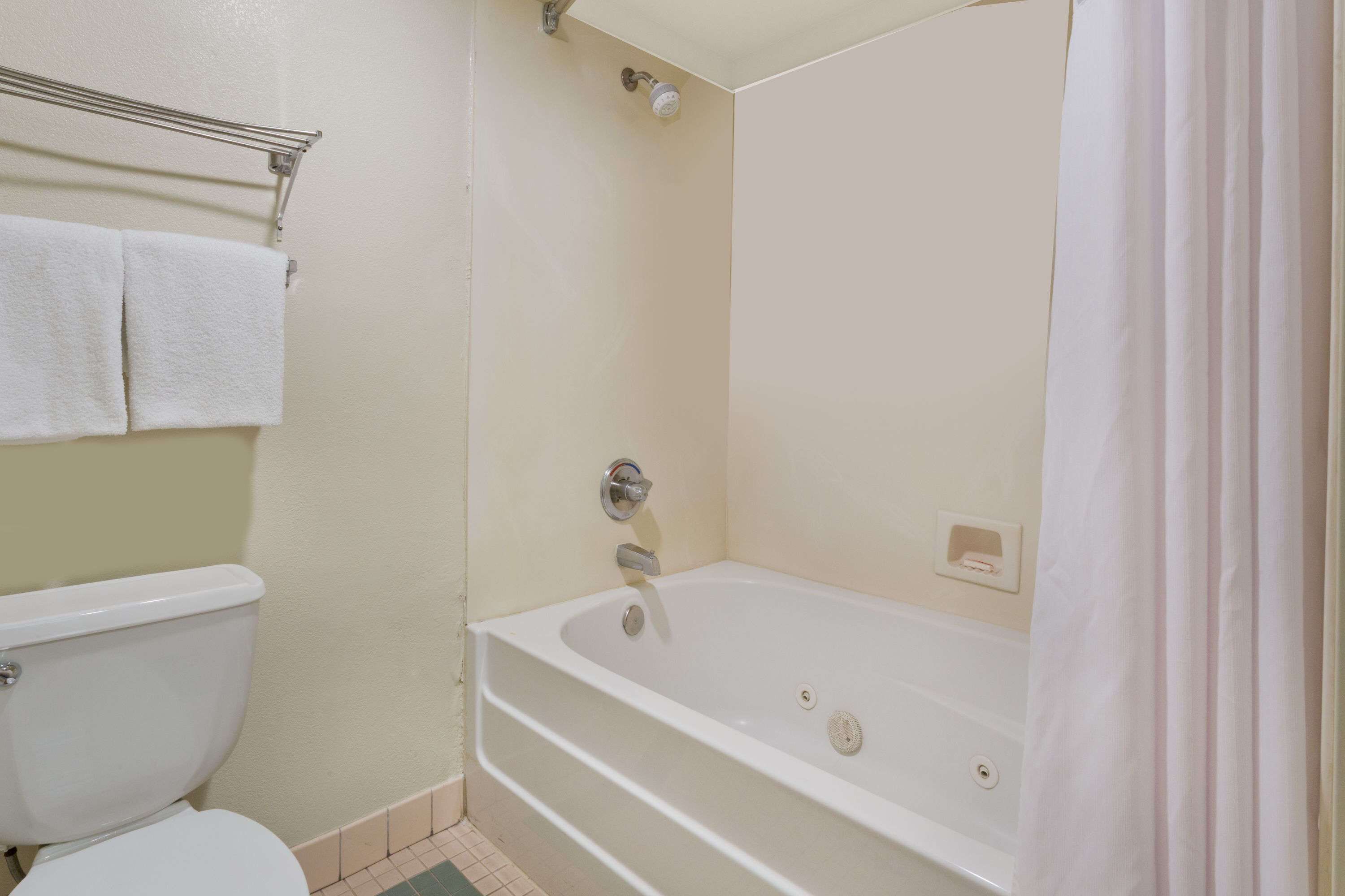 A bathroom with a toilet, a bathtub, and a shower curtain.