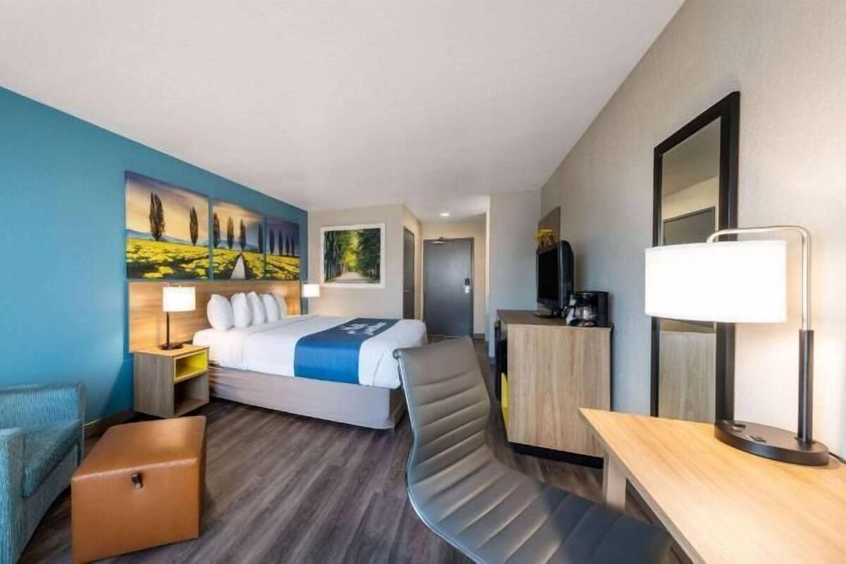 Hotellihuone, jossa on sänky, työpöytä, tuoli, televisio ja taulu seinällä.