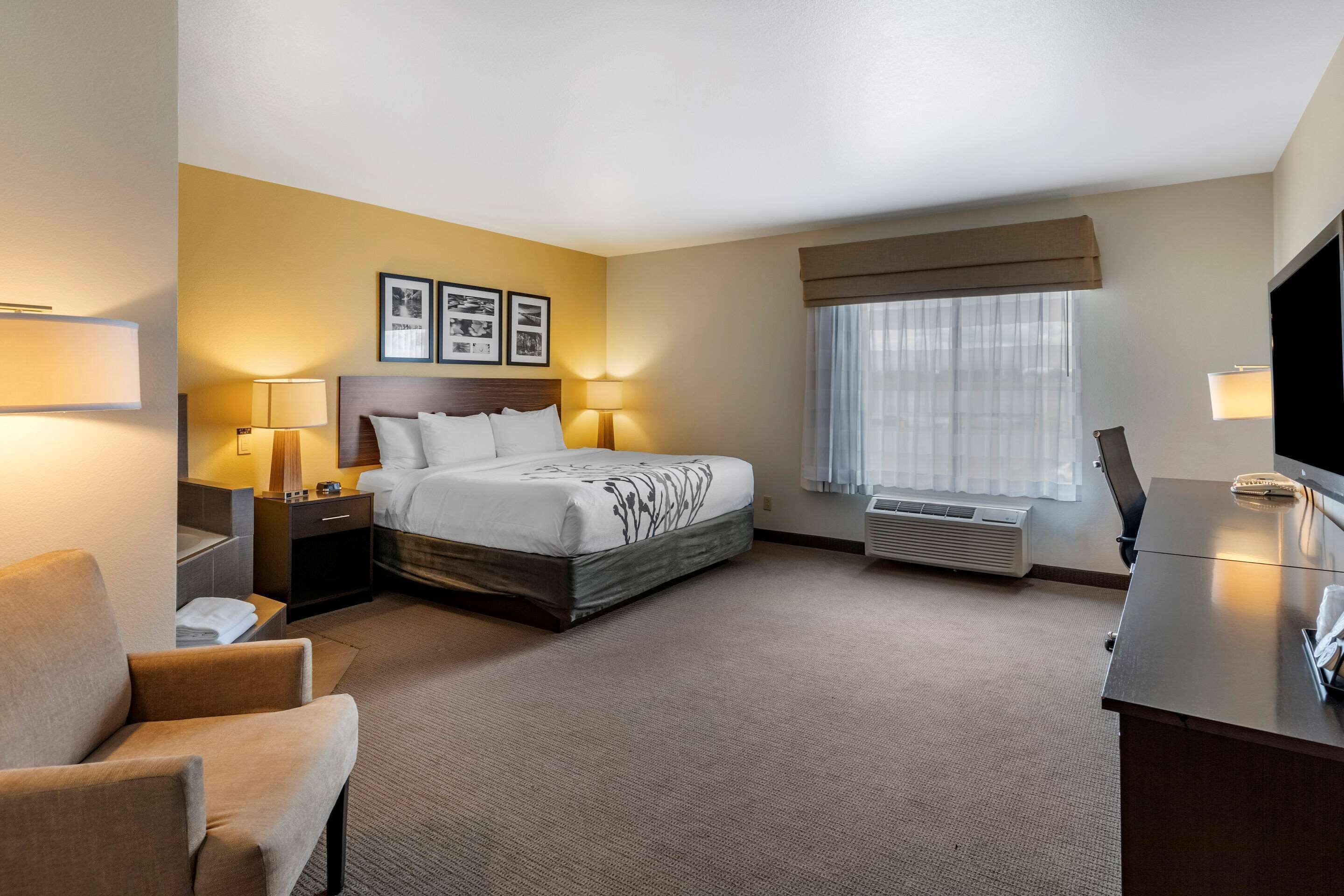 A hotel room with a bed, bedside lamps, a desk, a chair, and a TV.