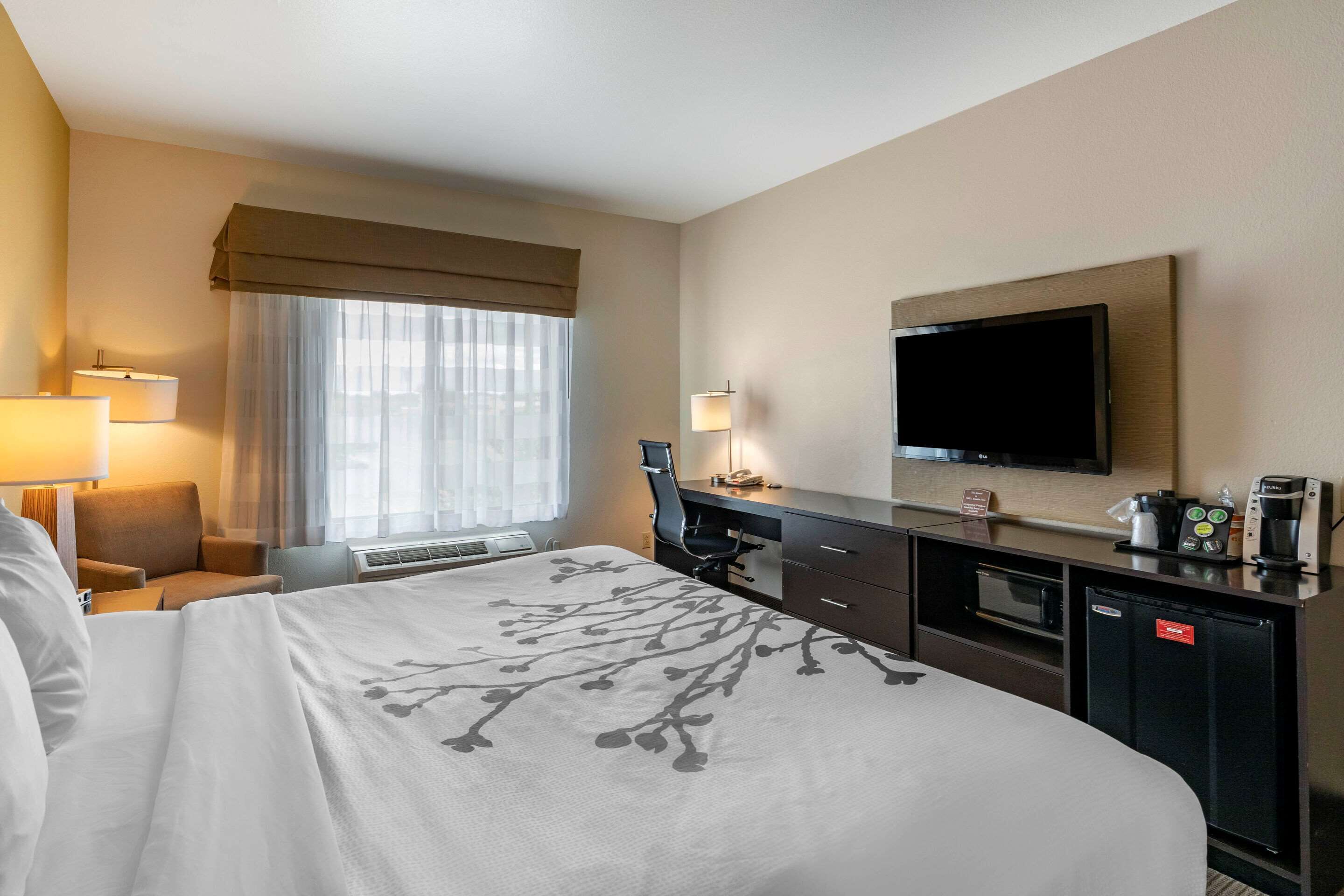 A hotel room with a large bed, a desk with a flat-screen TV, a coffee maker, and a mini-fridge.