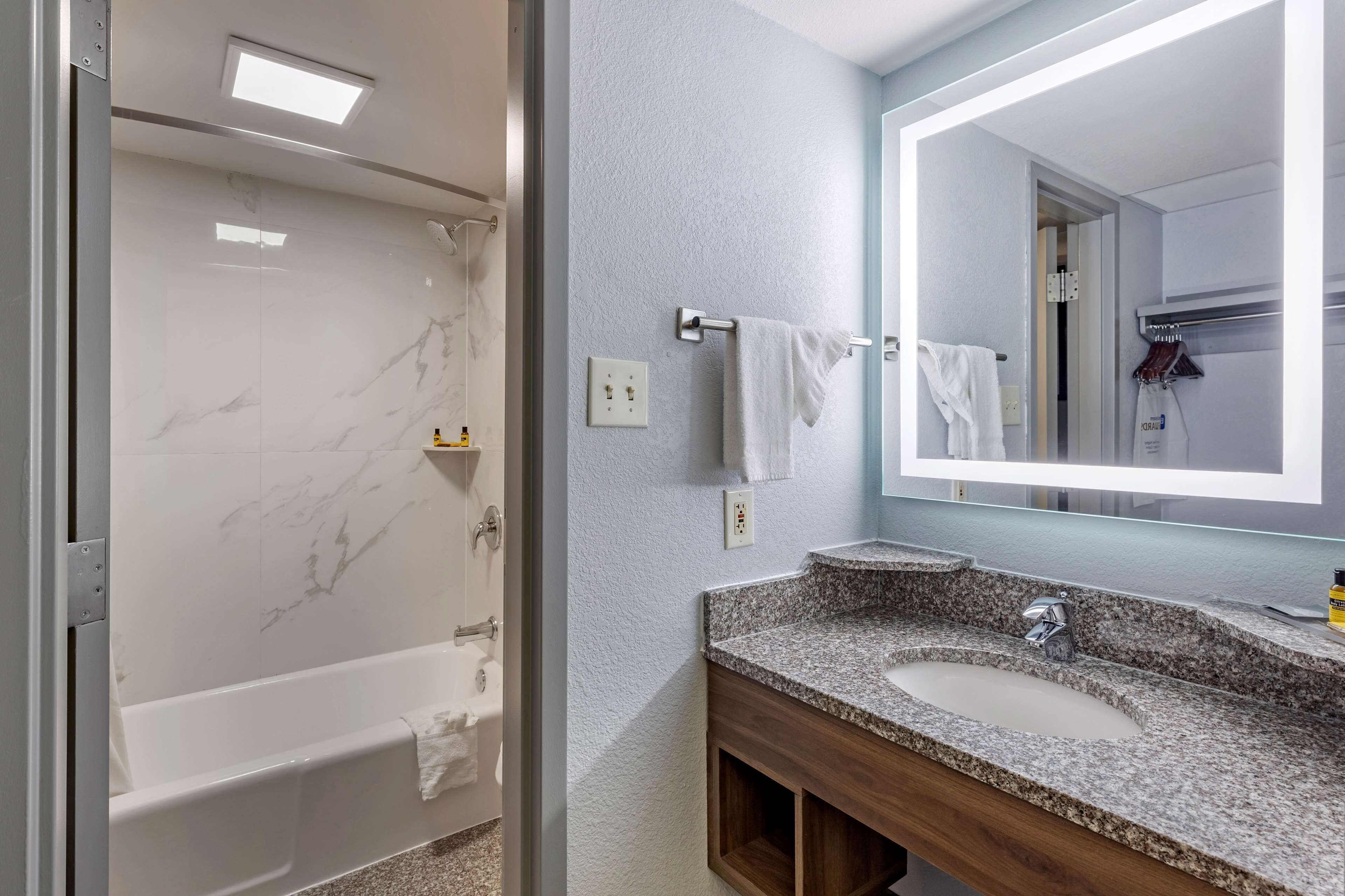 combined shower/bathtub, free toiletries, hair dryer, towels