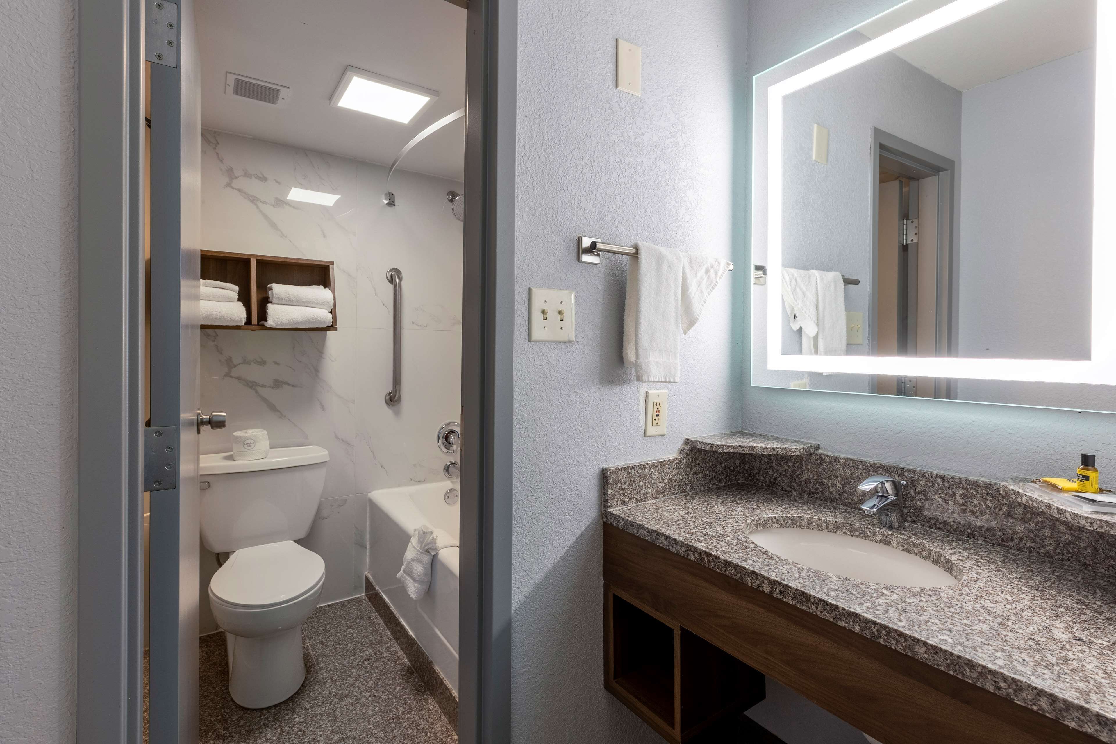 combined shower/bathtub, free toiletries, hair dryer, towels