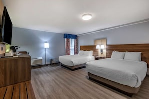 Standard Room, 2 Queen Beds, Accessible, Non Smoking (Walk-in Shower) | Desk, laptop workspace, blackout curtains, iron/ironing board