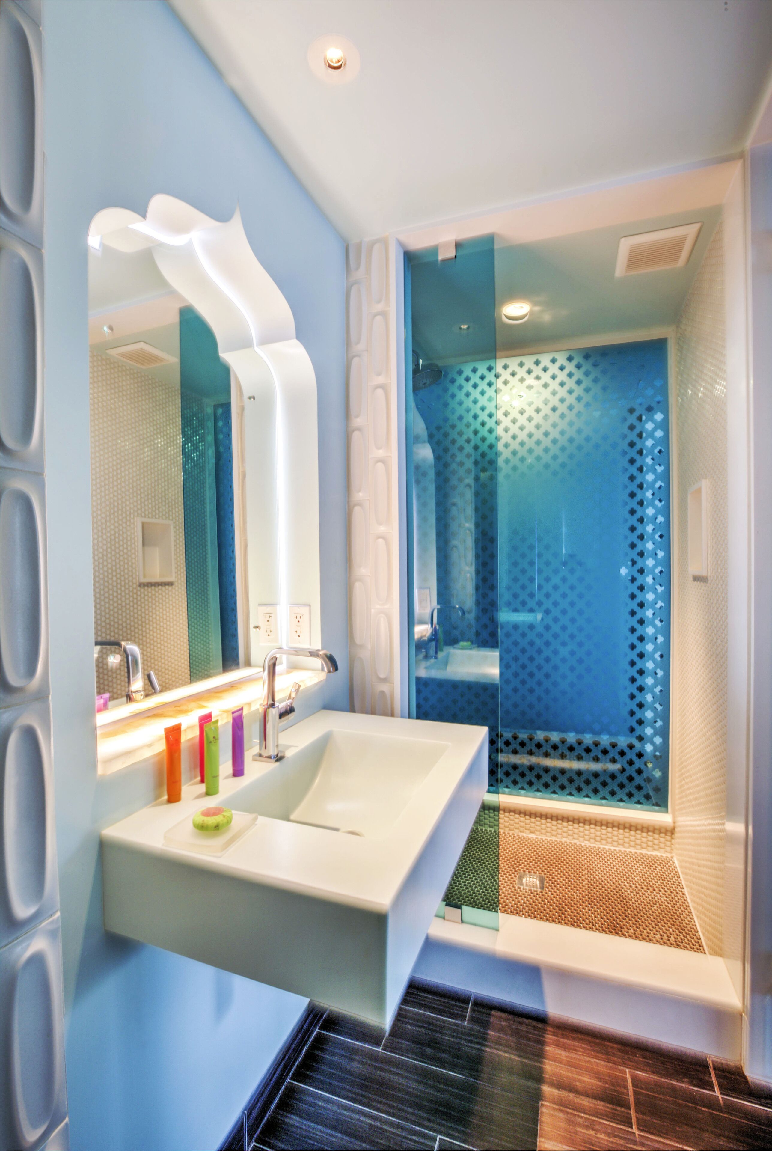 shower, designer toiletries, hair dryer, bathrobes