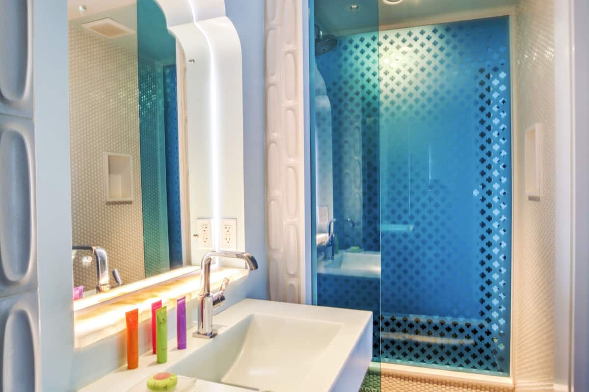 shower, designer toiletries, hair dryer, bathrobes