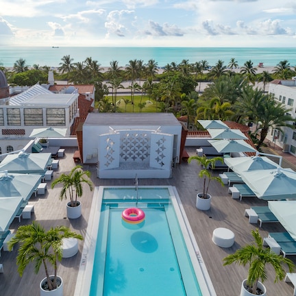 A rooftop pool with lounge chairs and umbrellas, overlooking a beach with palm trees and a clear view of the ocean.