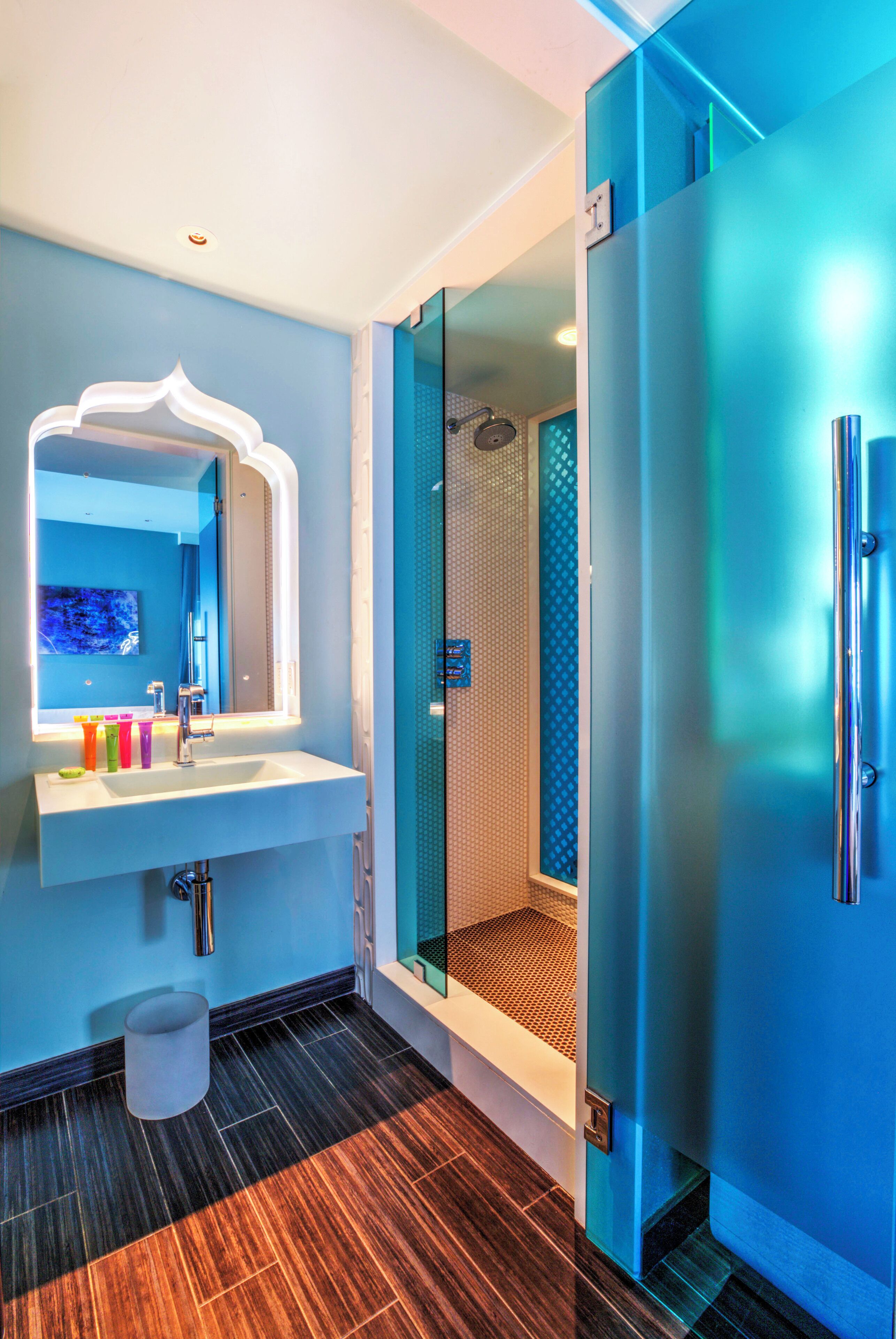 shower, designer toiletries, hair dryer, bathrobes