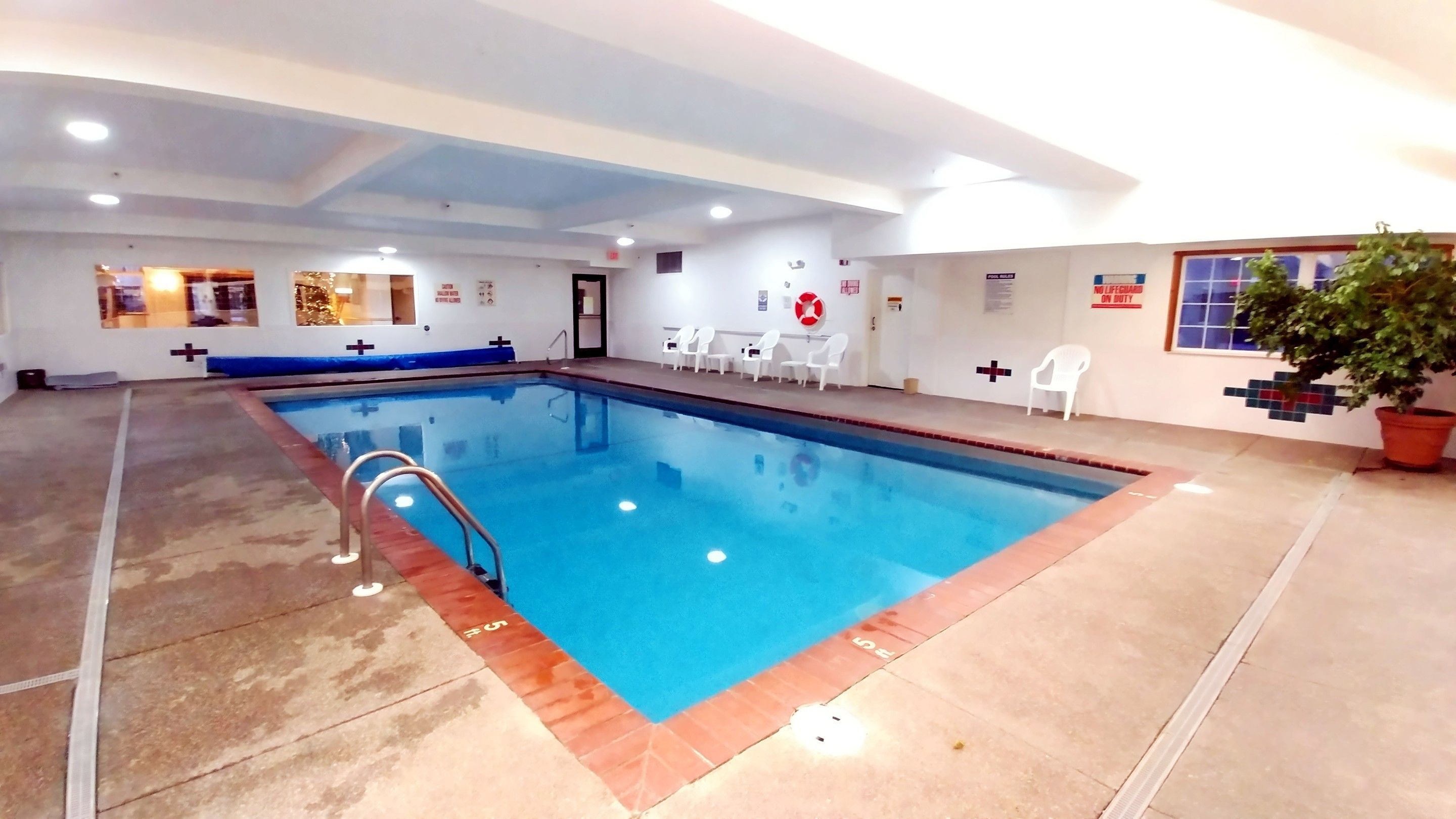 An indoor swimming pool with a clear blue water, surrounded by white chairs and a potted plant.
