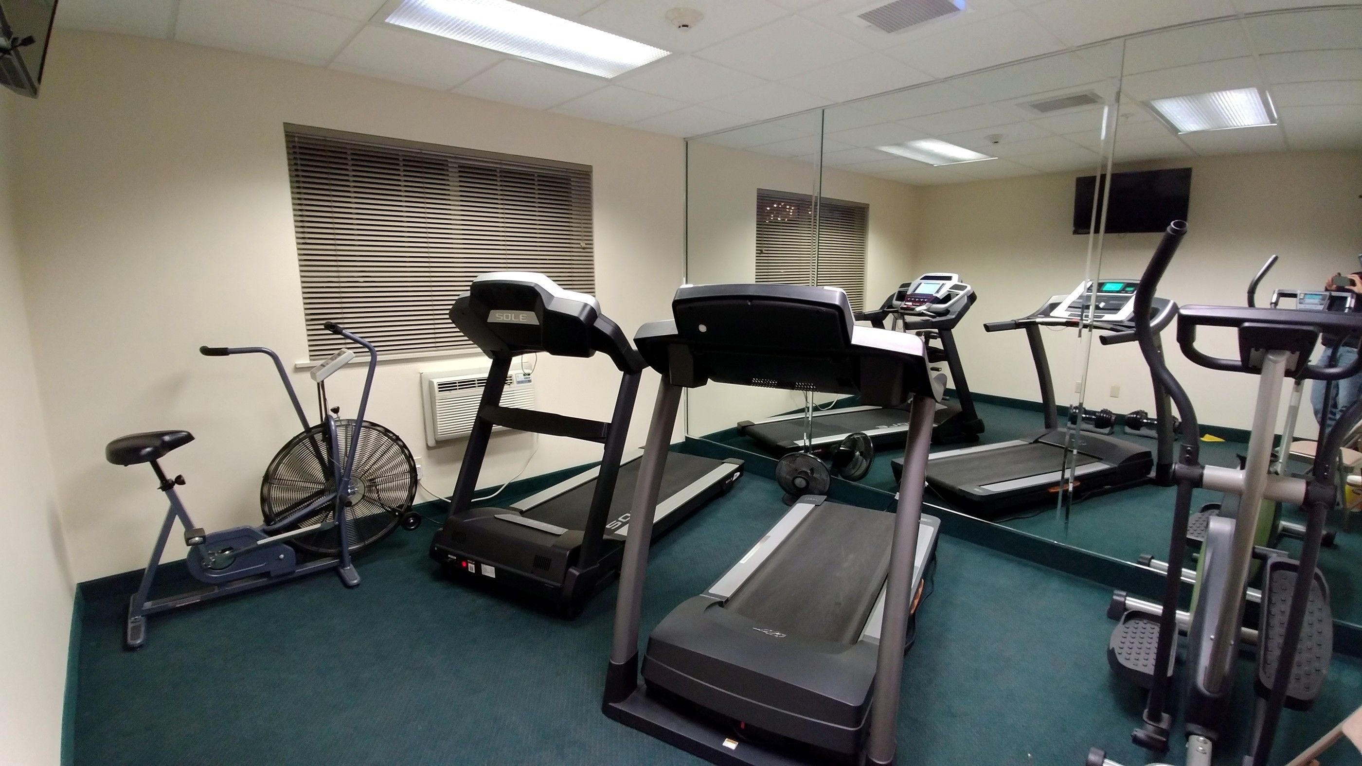 A fitness center with treadmills, elliptical machines, and a fan.
