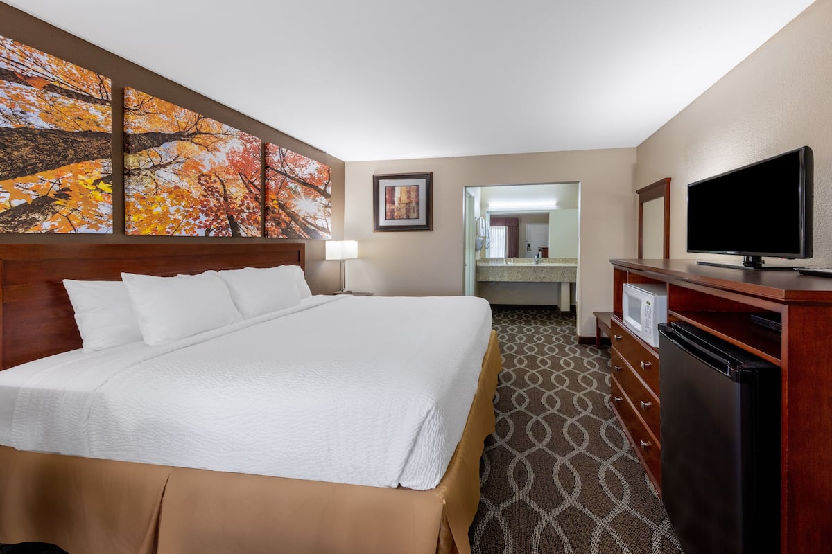 A hotel room with a large bed, a television, a microwave, and a bathroom visible through an open door.