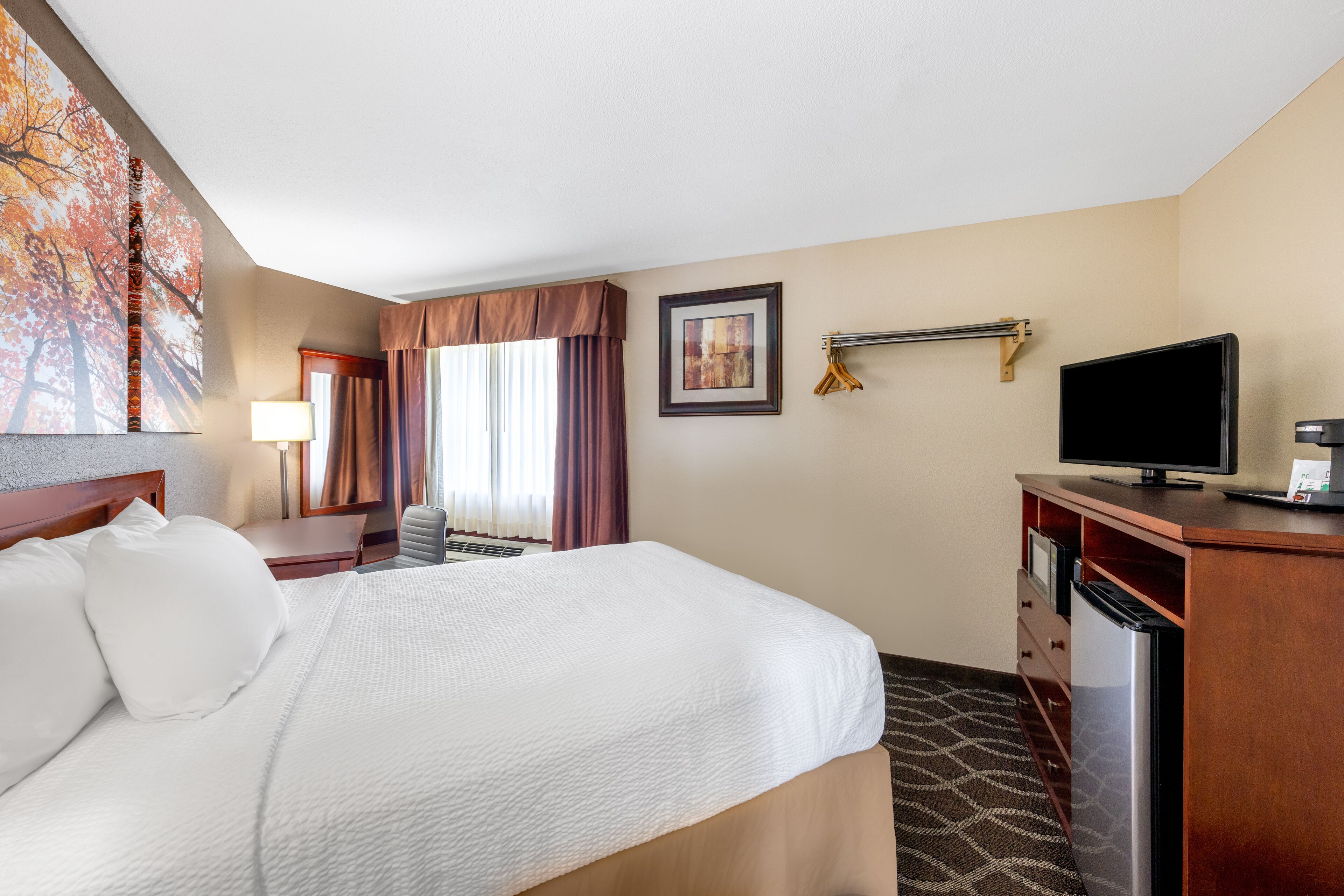 A hotel room with a large bed, a desk with a chair, a television, and a minibar.