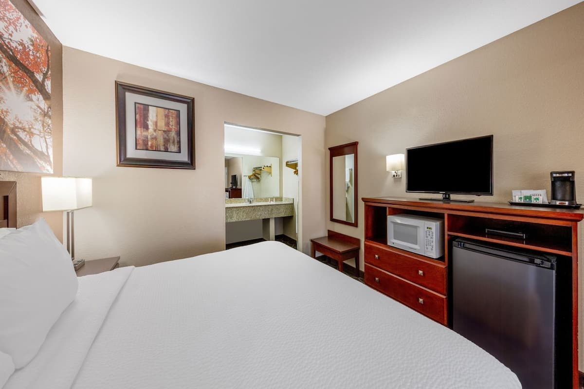 A hotel room with a bed, a television, a microwave, a refrigerator, a desk, a lamp, and a bathroom visible through an open door.