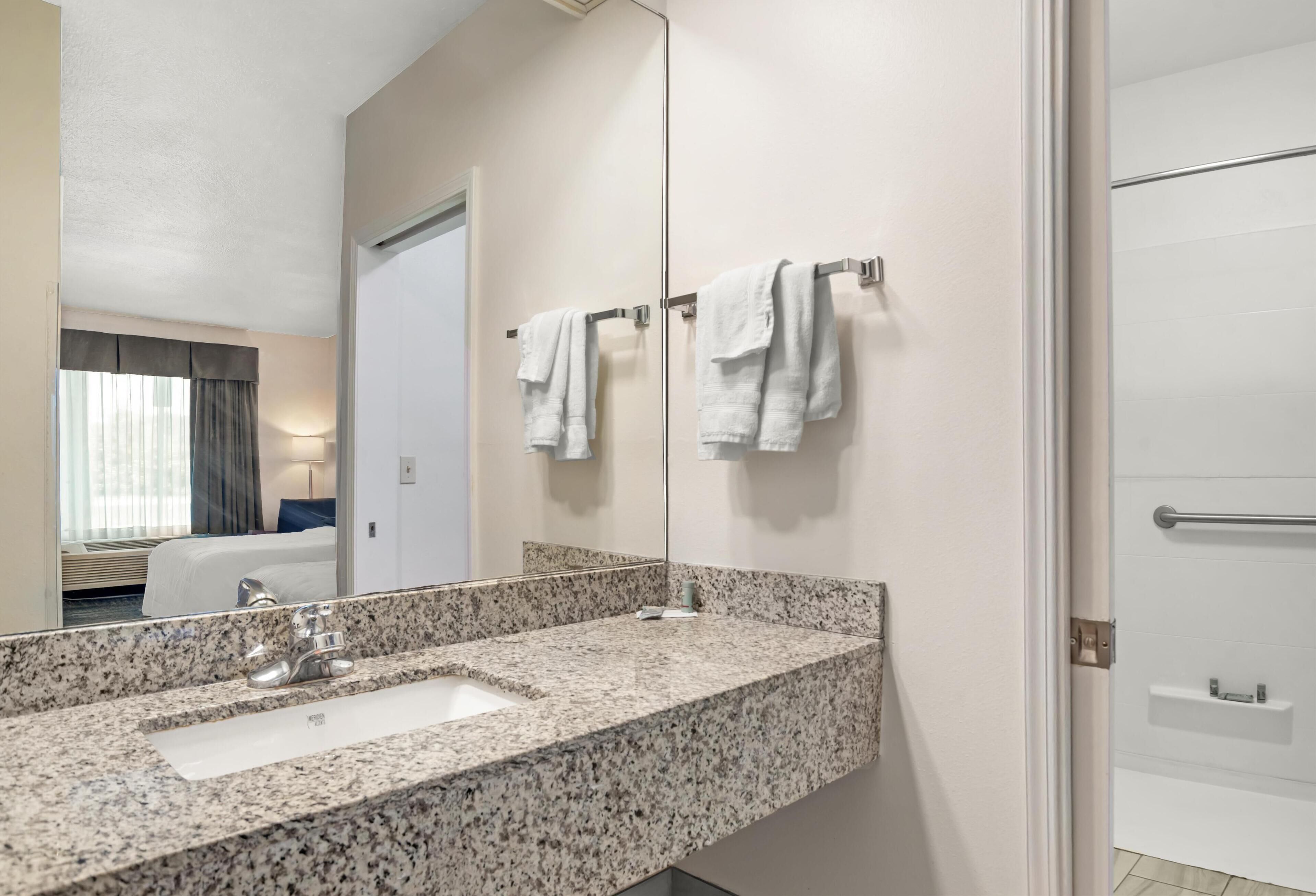 combined shower/bathtub, free toiletries, hair dryer, towels