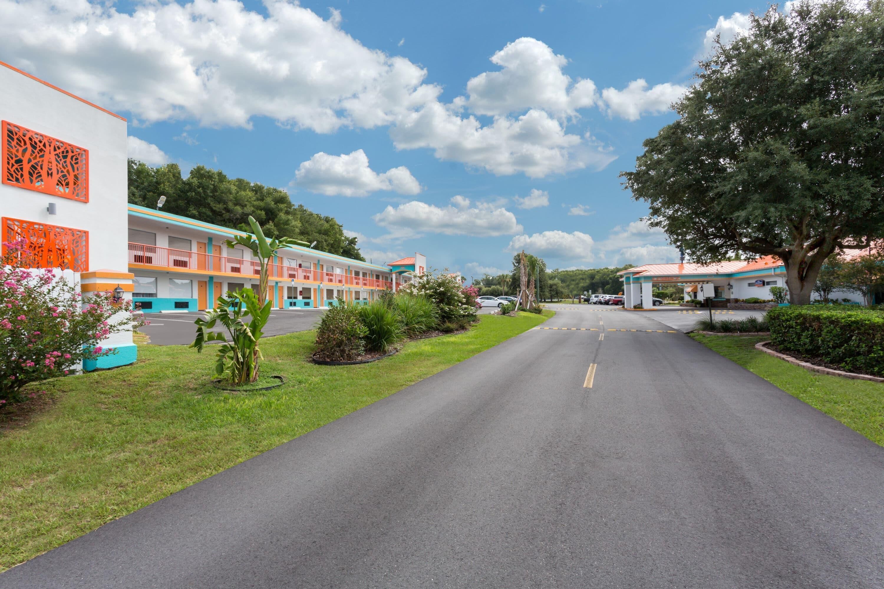 A road leading to a motel with a row of colorful buildings, a large tree on the right, and a clear sky.