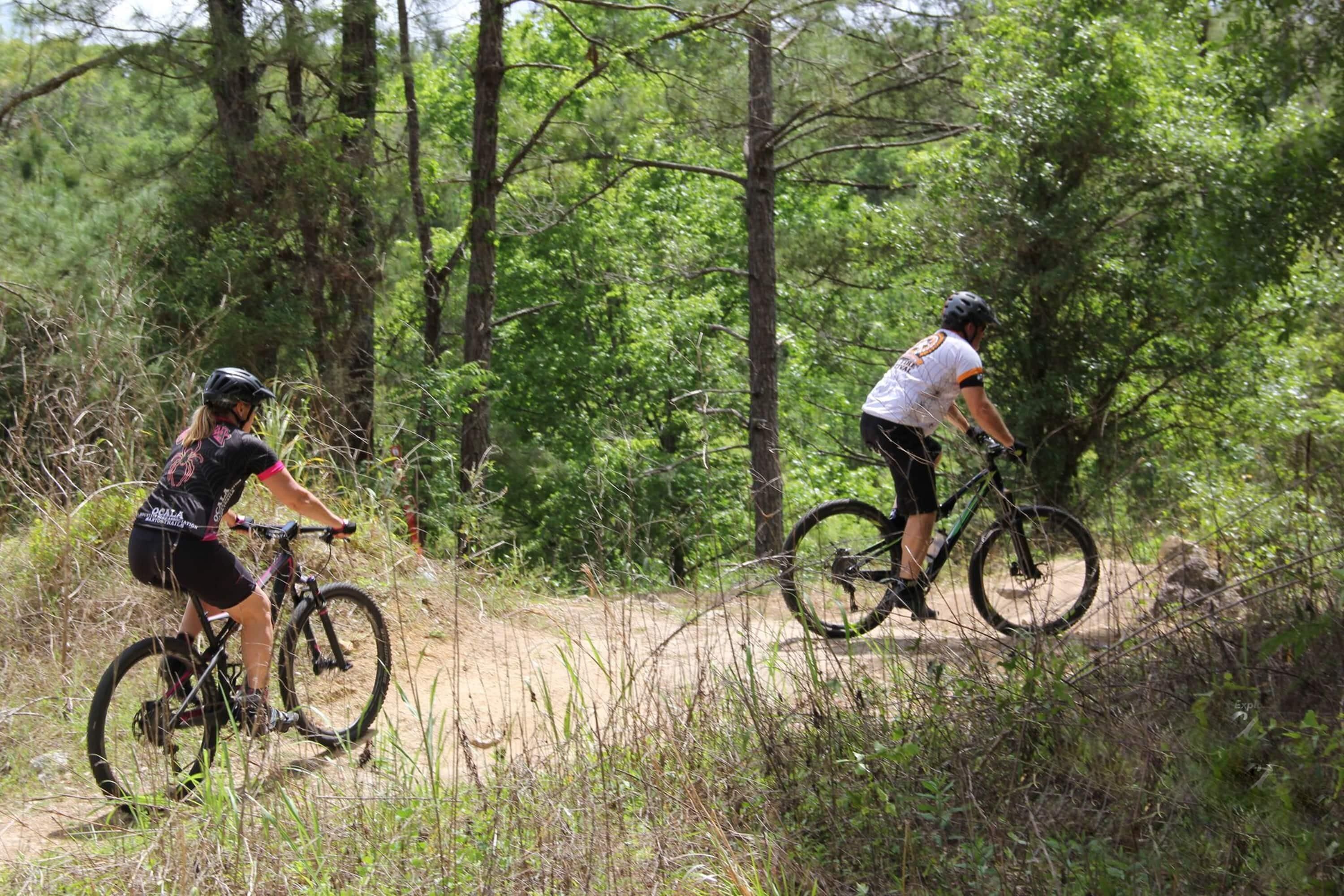 Dos ciclistas en un sendero de tierra rodeado de árboles.