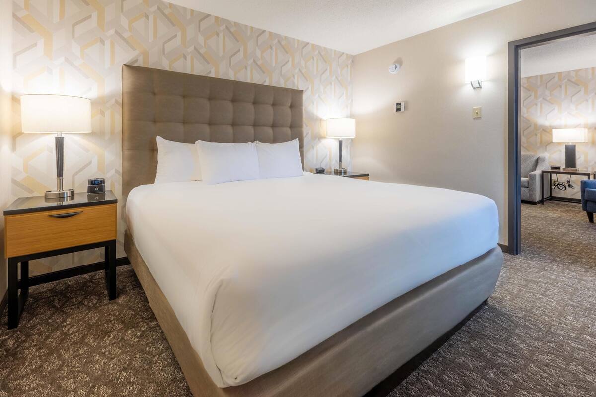 A hotel room with a large bed, two bedside tables with lamps, a headboard, and patterned wallpaper.