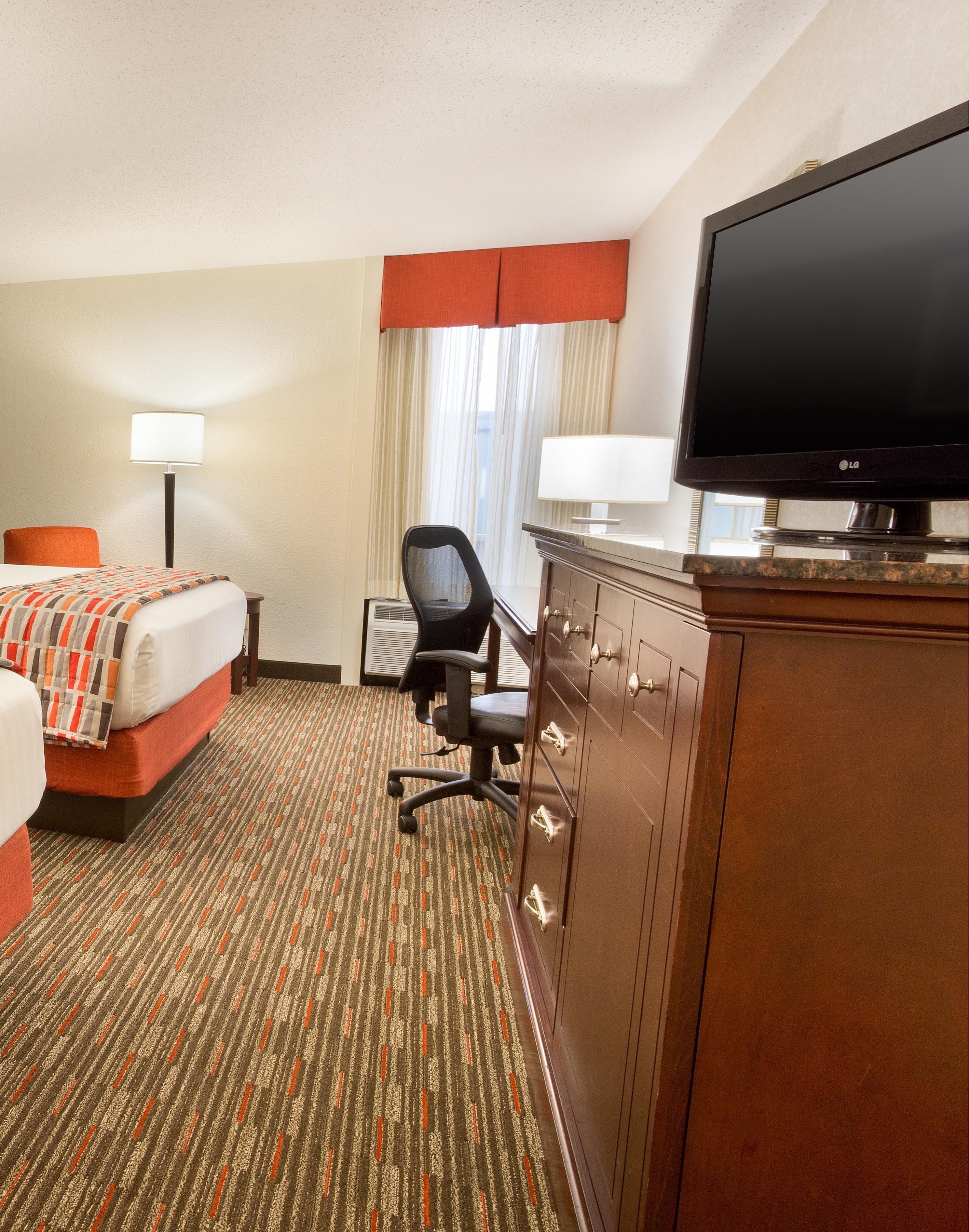 1 bedroom, desk, blackout curtains, iron/ironing board