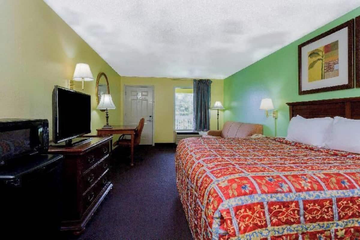 1 bedroom, desk, blackout curtains, iron/ironing board