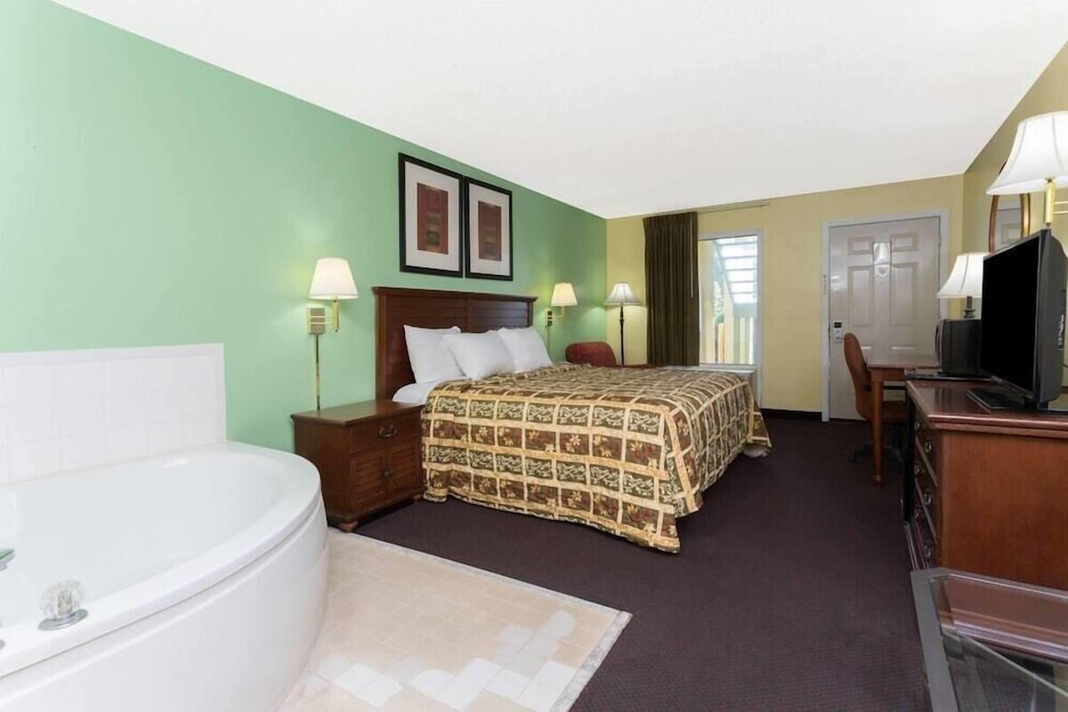 1 bedroom, desk, blackout curtains, iron/ironing board