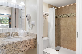 Hydromassage showerhead, free toiletries, hair dryer, towels at Orlando International Drive North Hotel