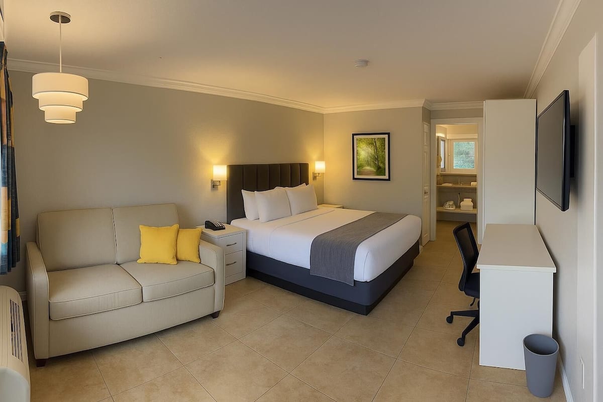 Ein Hotelzimmer mit Bett, einer Sitzecke, einem Schreibtisch, einem Sessel, einem Fernseher und einem durch eine offene Tür einsehbaren Badezimmer.