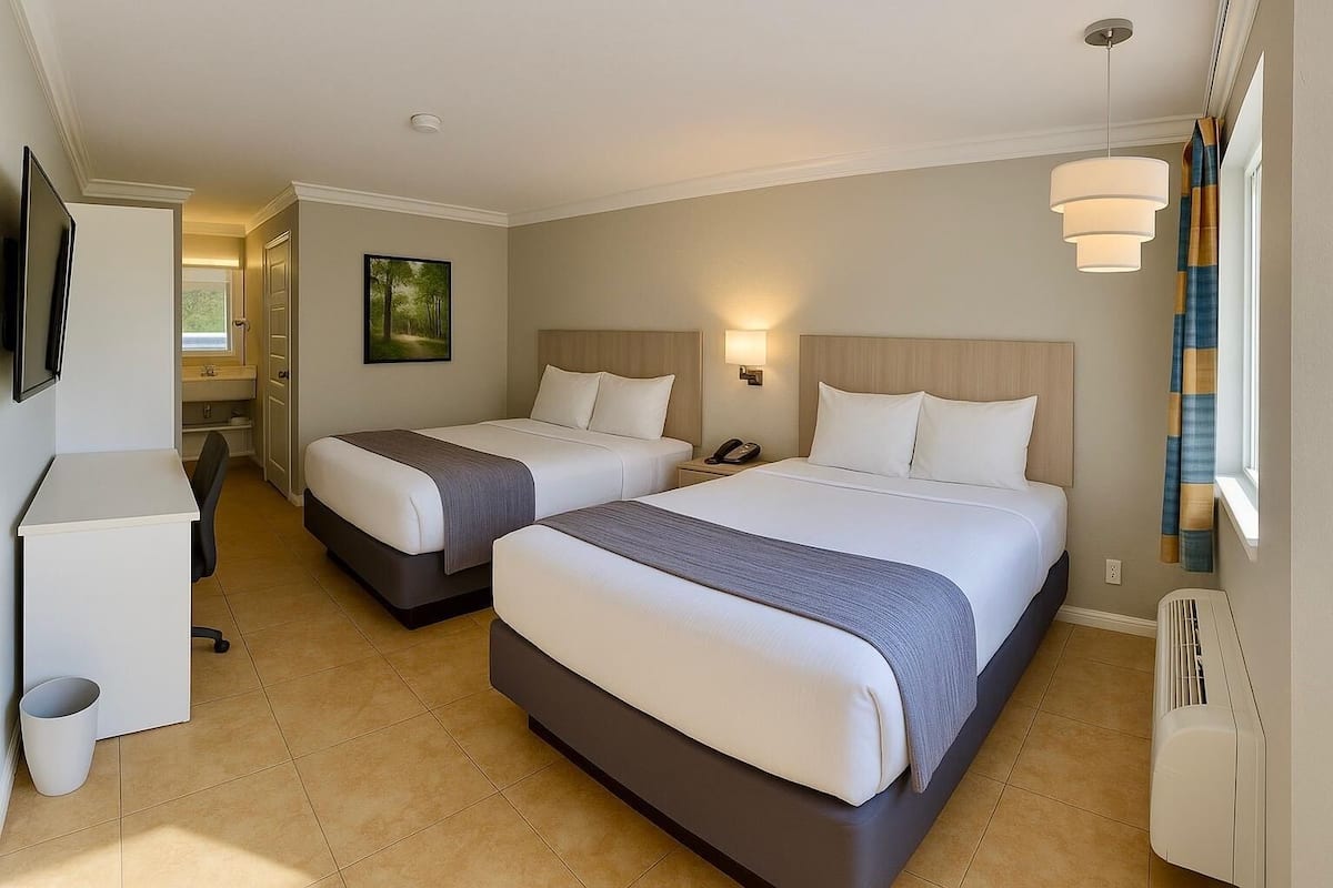 Double Room, 2 Queen Beds, Non Smoking, Pool View | In-room safe, desk, laptop workspace, blackout drapes
