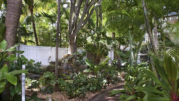 A lush garden with a variety of tropical plants, a white picket fence, and a brick pathway.