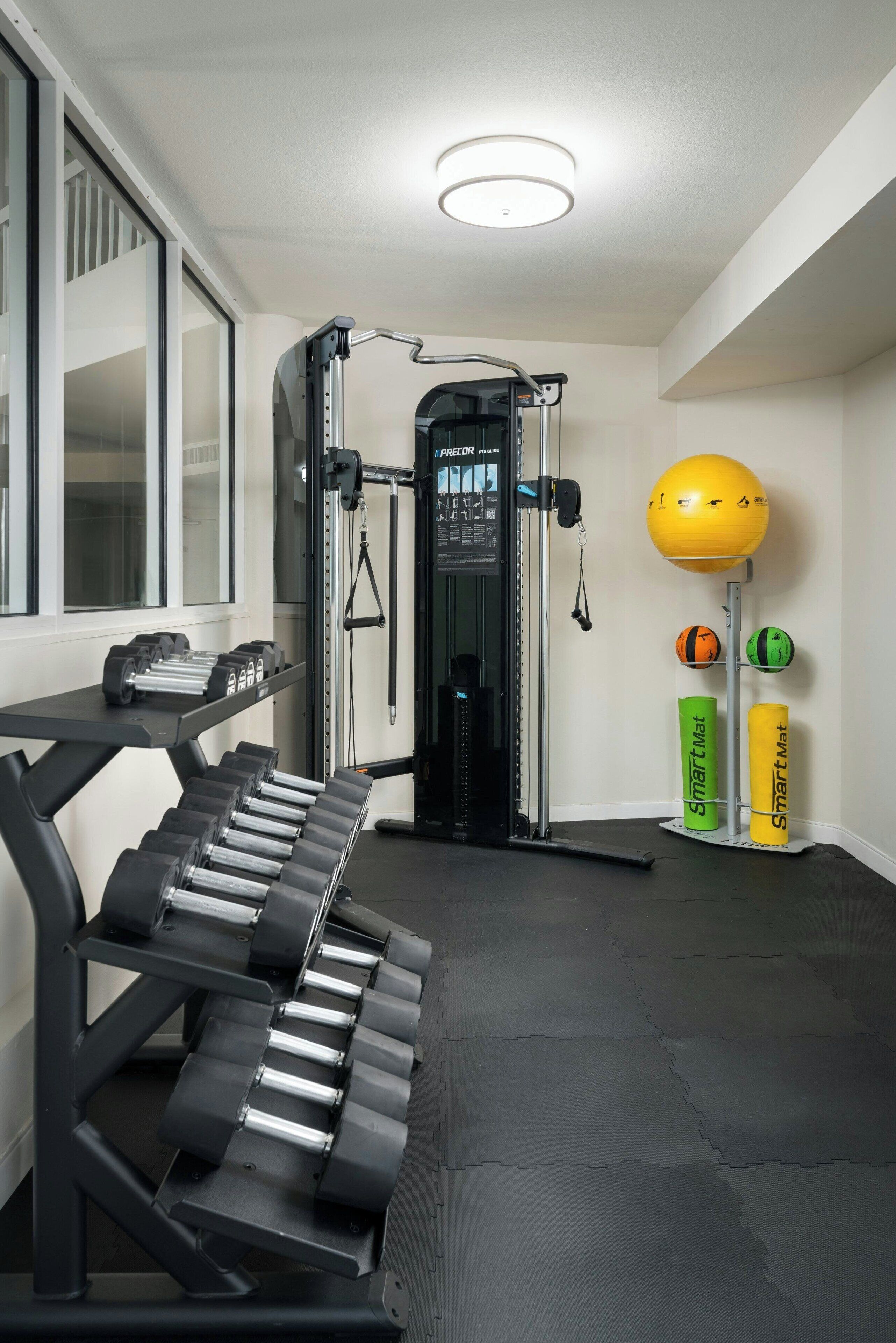 A gym with dumbbells, a weight machine, and exercise balls.