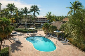 A swimming pool with lounge chairs and umbrellas, surrounded by palm trees and a building in the background.