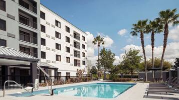 Outdoor pool, pool umbrellas, pool loungers