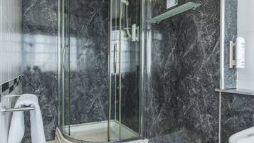 Shower, free toiletries, hair dryer, towels