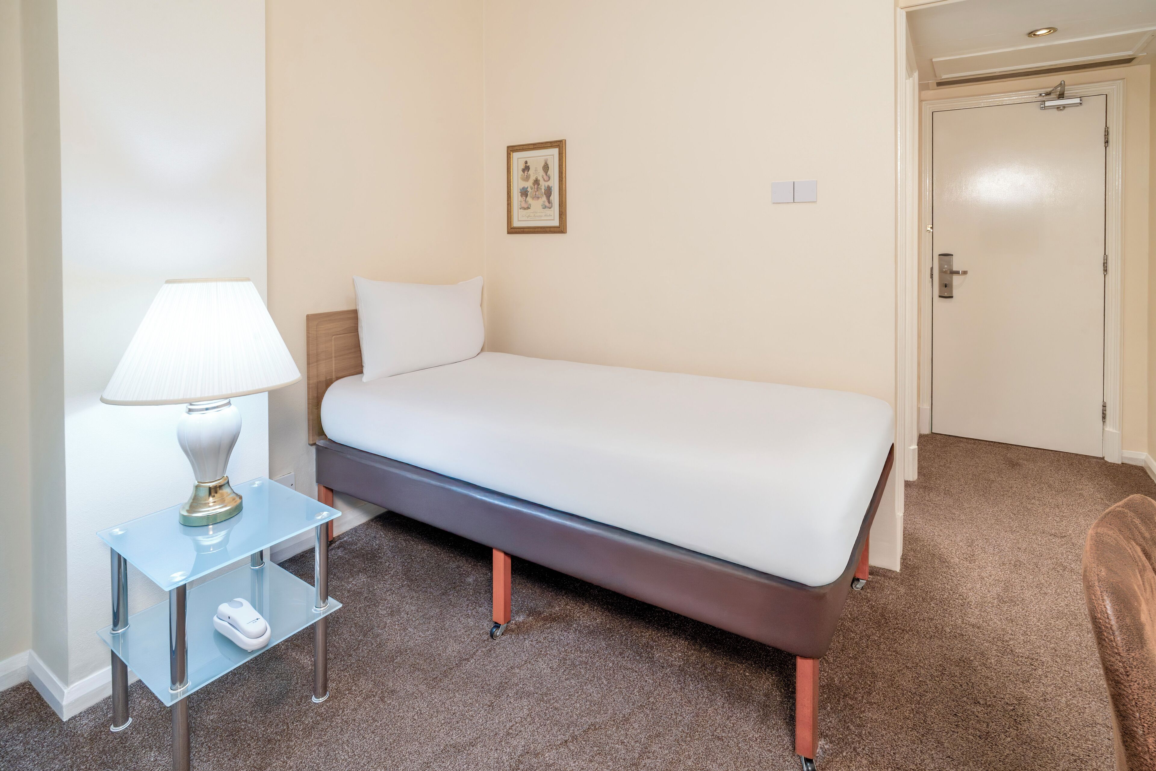 A neatly arranged hotel room with a single bed, a bedside table with a lamp, and a small shelf.